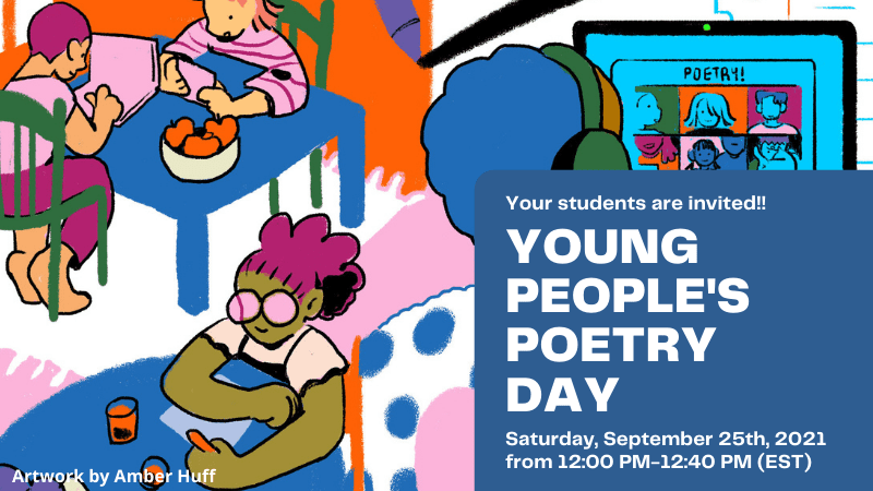 Brightly colored cartoon of children preparing for Young People's Poetry Day with information about the event.