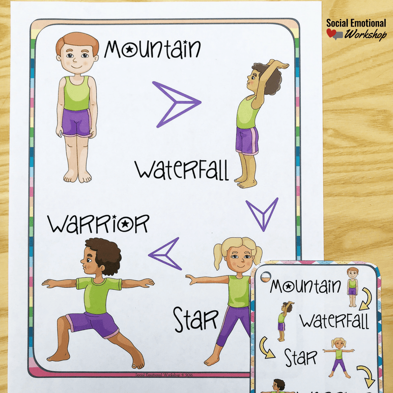 Poster with drawings of different yoga poses children can learn