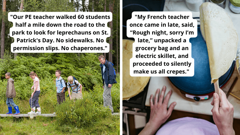Picture of unchaperoned field trip and crepe making to show what teachers used to get away with