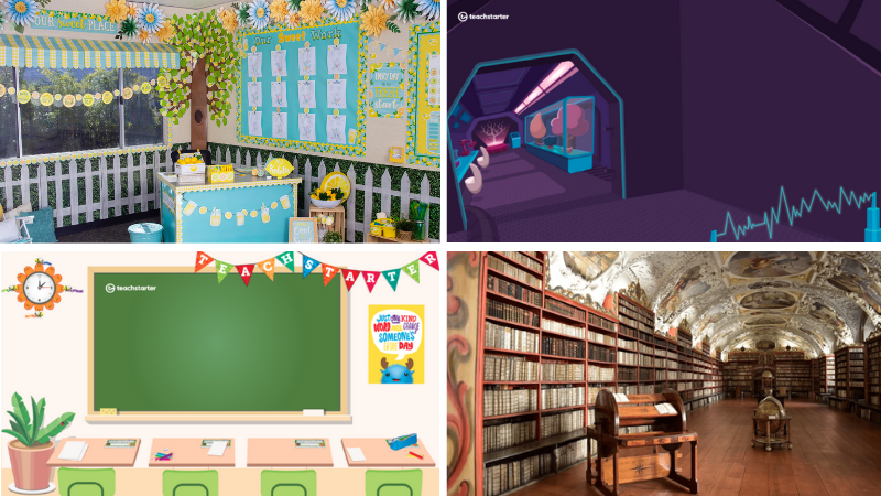 Four separate images of teacher backgrounds including a library, classroom, and lemonade stand.