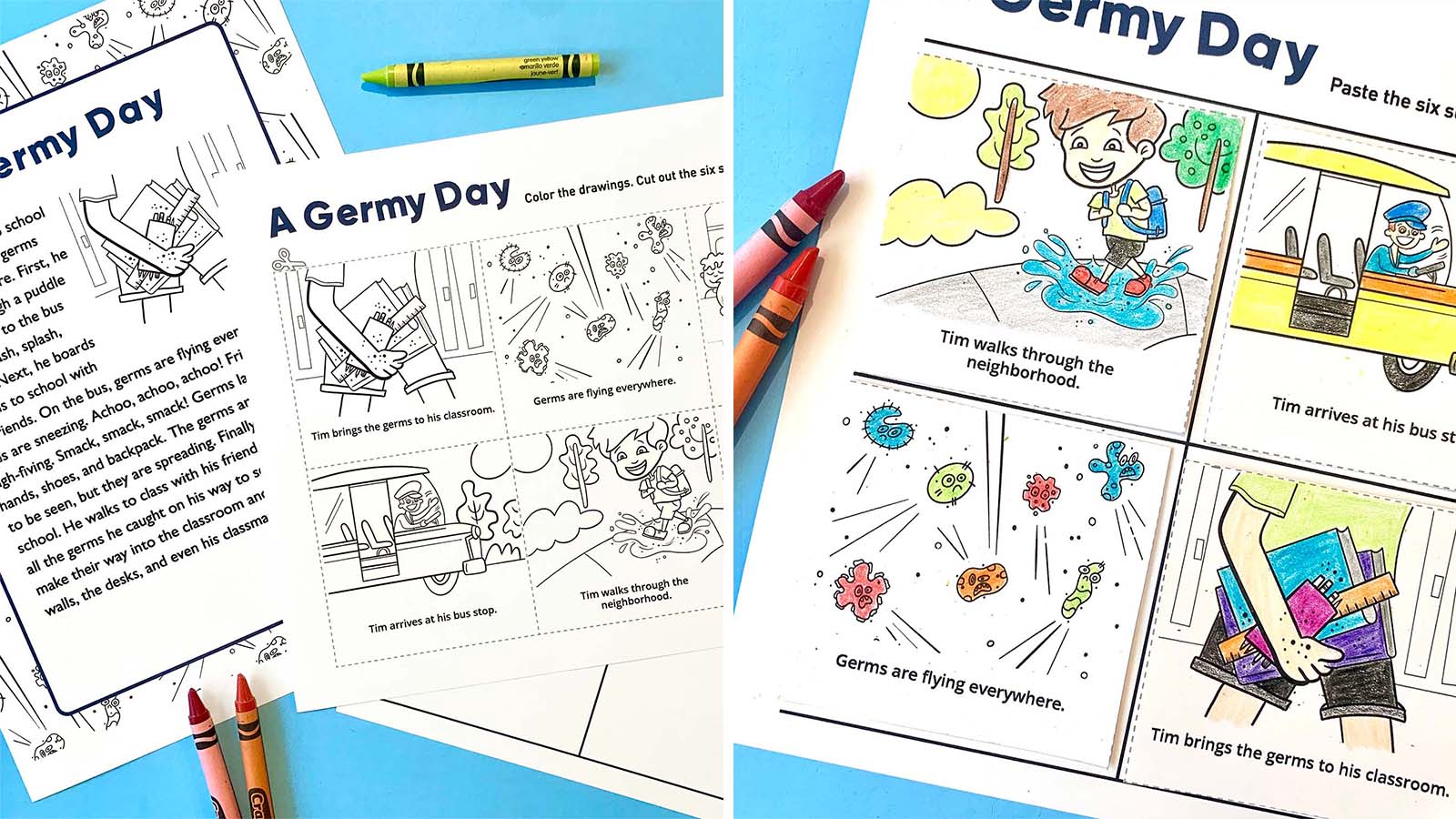 Collage of flat lays of A Germy Day activity on blue background