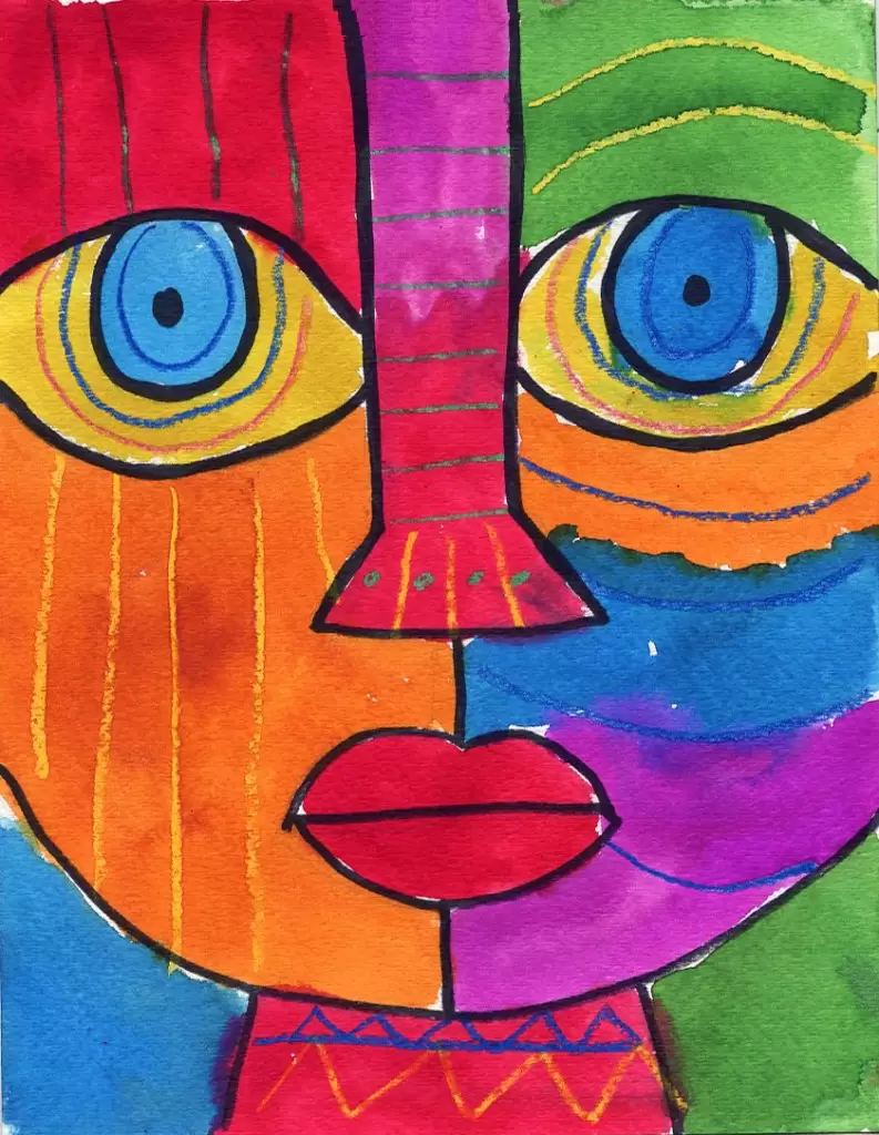 A drawing of a very brightly colored abstract face is shown. It covers the entire page.