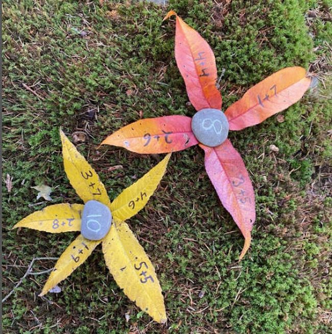 Flowers made of rocks and leaves with math facts written on the leaves and answers on the stones (Active Math Games)