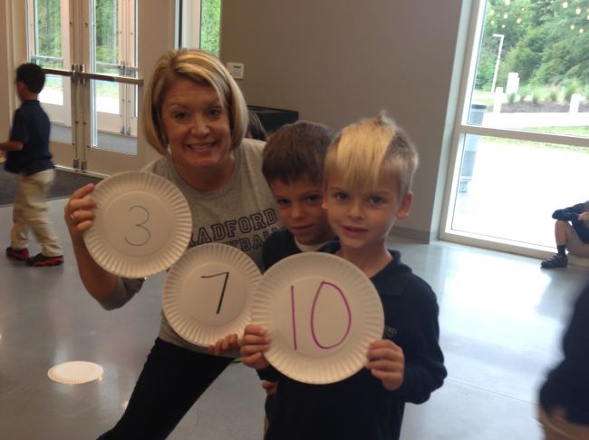 Students and teacher holding up numbered paper plates to form a number bond