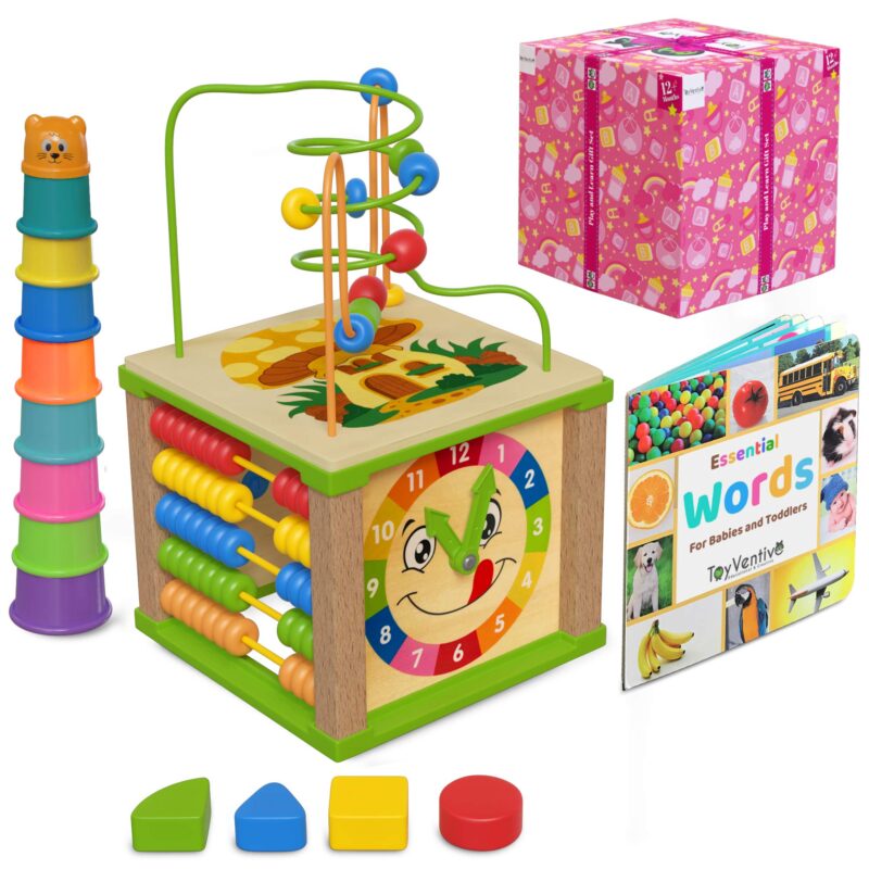 A wooden cube has all kinds of gadgets and toys attached to it (sensory toys)