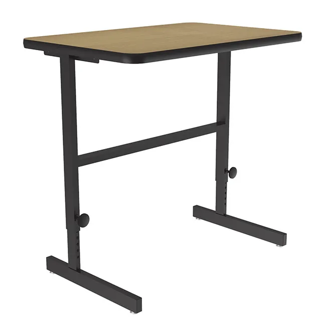 Adjustable standing desk with wood look top and black metal legs