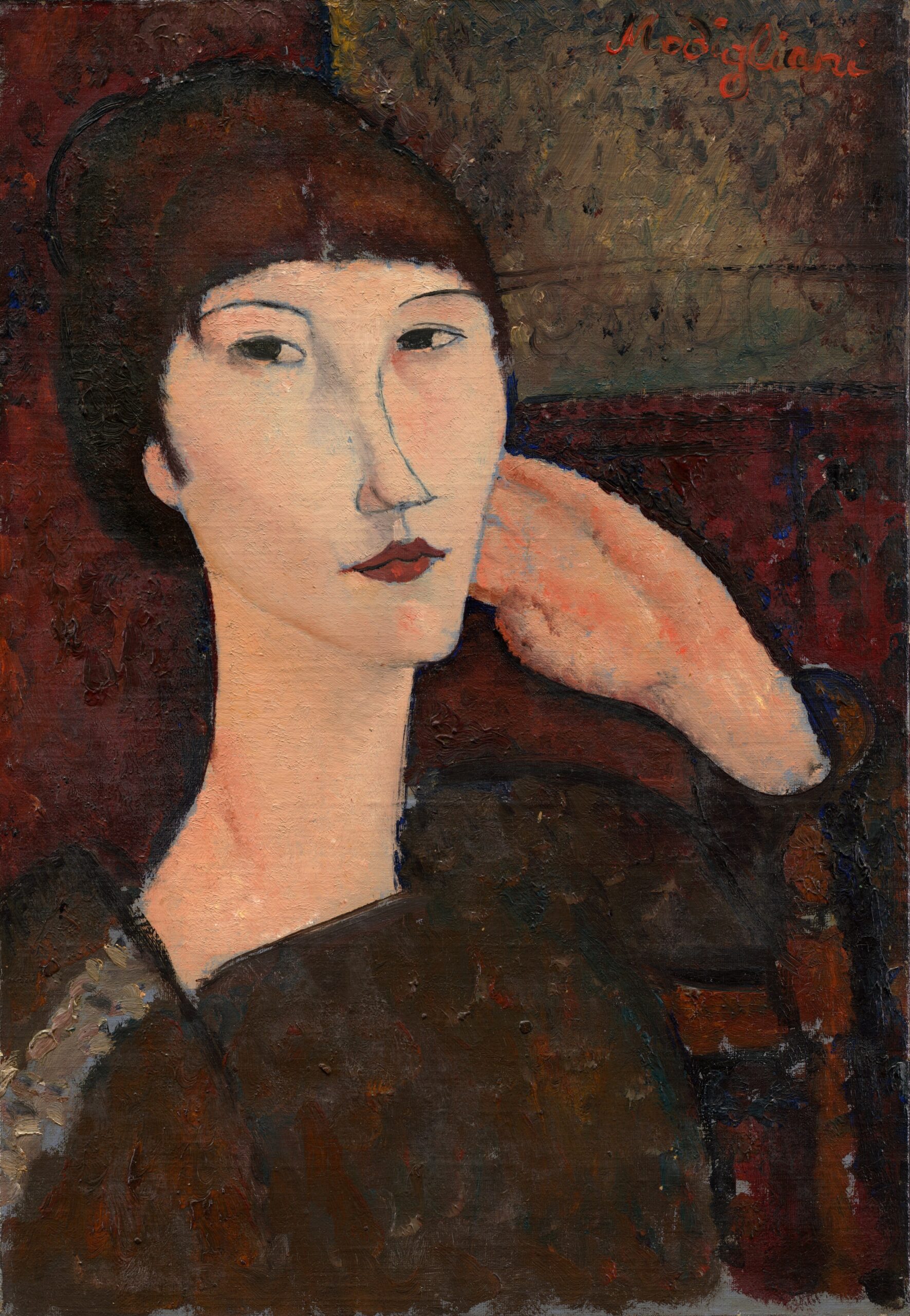A woman with exaggerated stylized features is shown with her hand behind her head.