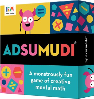 A brighly colored box says Adsumudi in rainbow leters. There are math symbols and cartoon mosters. 