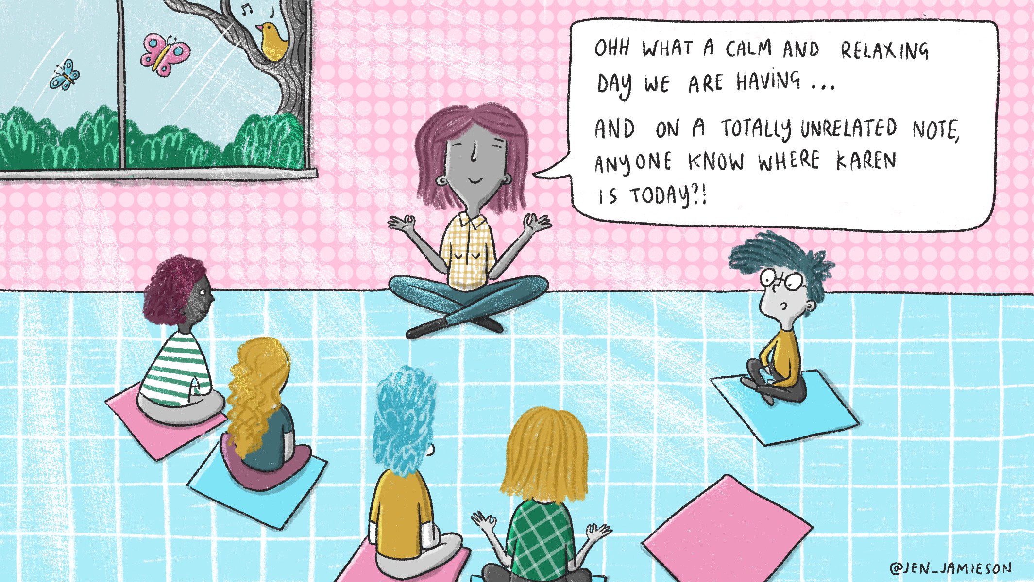 Illustration of teacher sitting in a circle with students