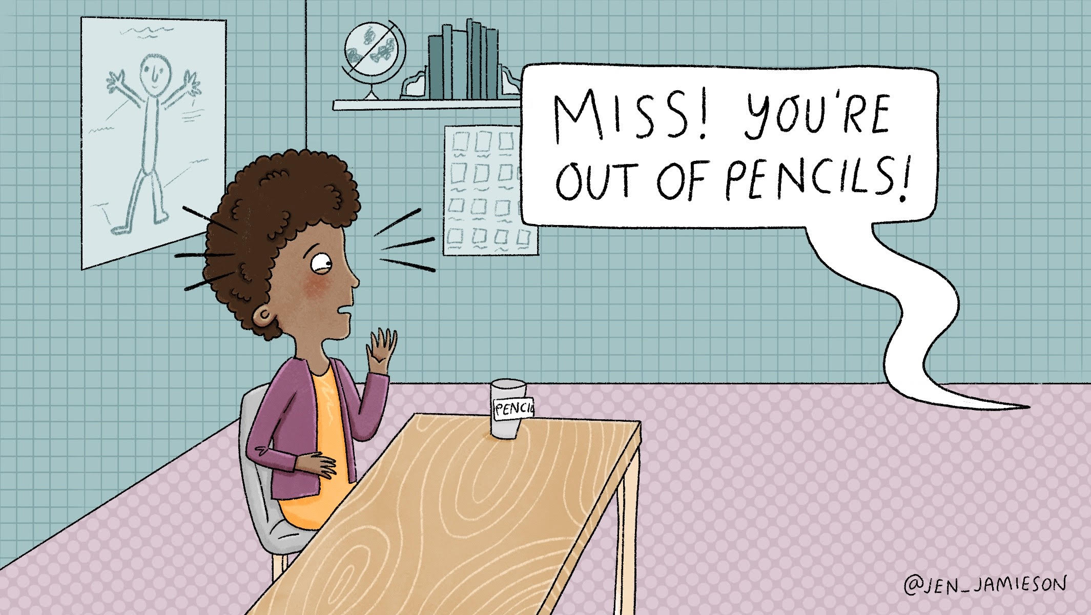 Illustration of a teacher struggling with buying students pencils