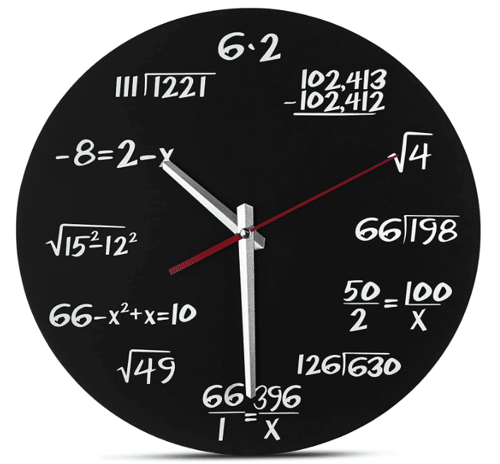 Black clock where each of the 12 hours is represented by a math problem [such as the square root of four (2) and -8=2-x (10)].