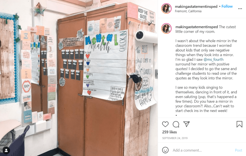 Tall dresser cabinet middle school classroom décor with a large piece of paper that says "Mental Health Check In" and rows with different options for students to choose.