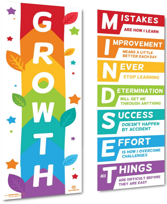 Two colorful, vertical classroom posters. One just says GROWTH while the other spells the word MINDSET with each letter representing a word: Mistakes, Improvement, Never, Determination, Success, Effort, Things.