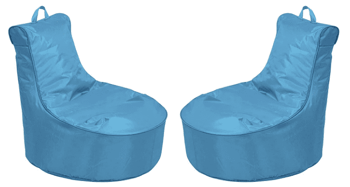 Two blue beanbag-style chairs with backs in a white background.