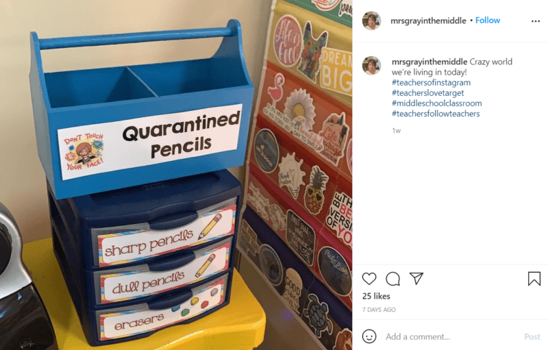 A blue toolbox with a label that says "Quarantined Pencils" sits on top of a small, three drawer organizer container. The labels on the drawers are: sharp pencils, dull pencils, erasers.