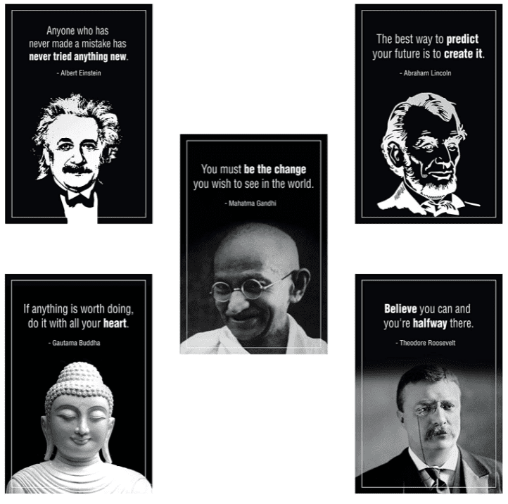 Five black and white posters with historical leaders (Einstein, Gandhi, Buddha, Lincoln, and Teddy Roosevelt) featuring inspiring quotes as middle school classroom décor