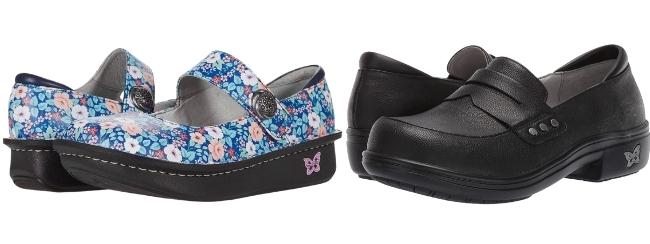 Alegria Paloma shoes with blue foral print and Taylor shoes in black