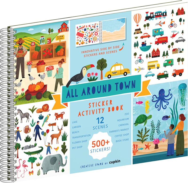 A book cover is divided into four scenes; a country scene, an animal scene, a city scene, and an ocean scene (best sticker books).