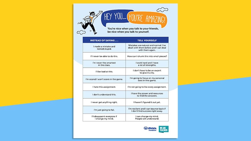A full look at the positive self talk poster on a yellow and blue background.