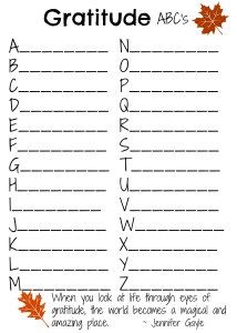 (Gratitude Activities for Kids) A sheet has space for students to write something they are grateful for that begins with every letter of the alphabet.