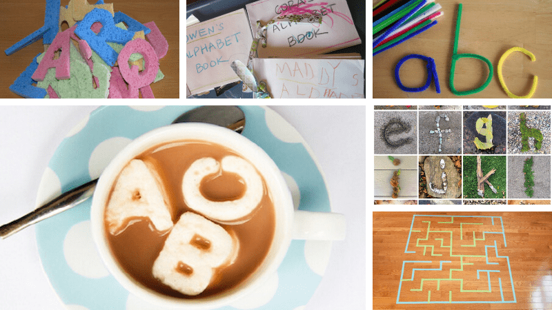 Collage of alphabet activities for the classroom, as example of tips for pre-K teachers