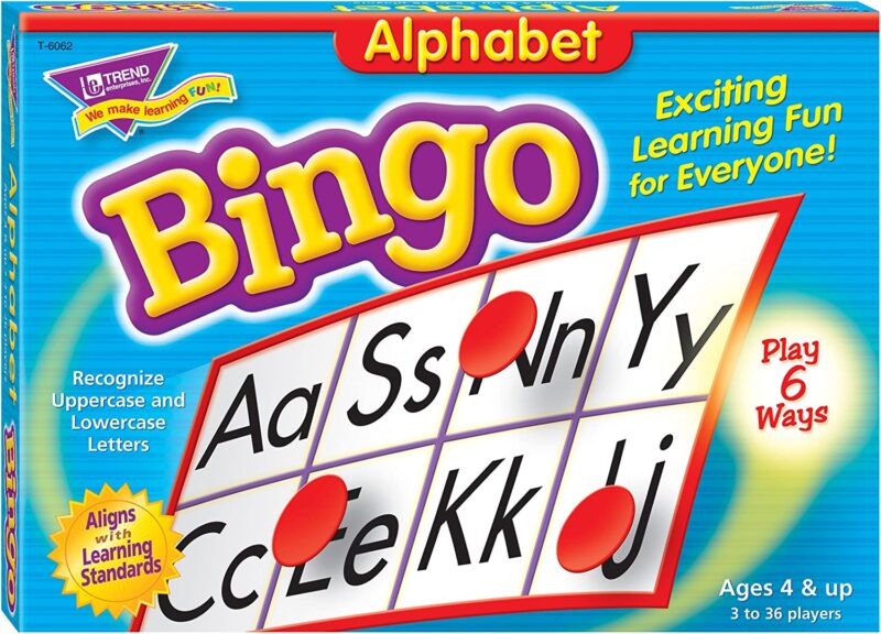 A Bingo card is shown withe upper and lowercase letters on it. - best board games for preschoolers
