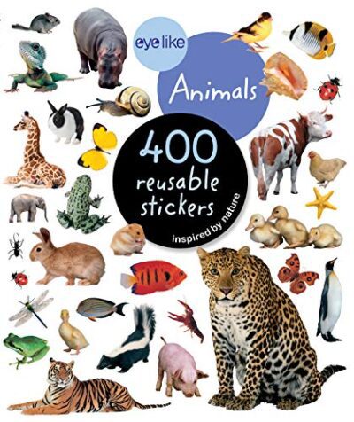 A white background has a bunch of different animal stickers on it (best sticker books)
