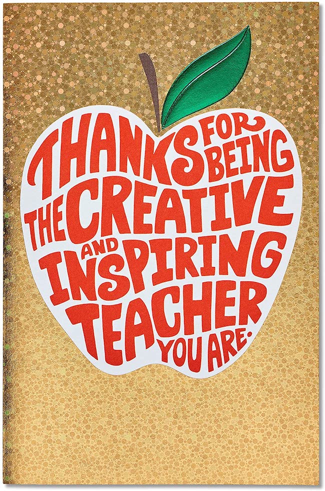 Tarjeta de apreciación del maestro con purpurina dorada con diseño de manzana.