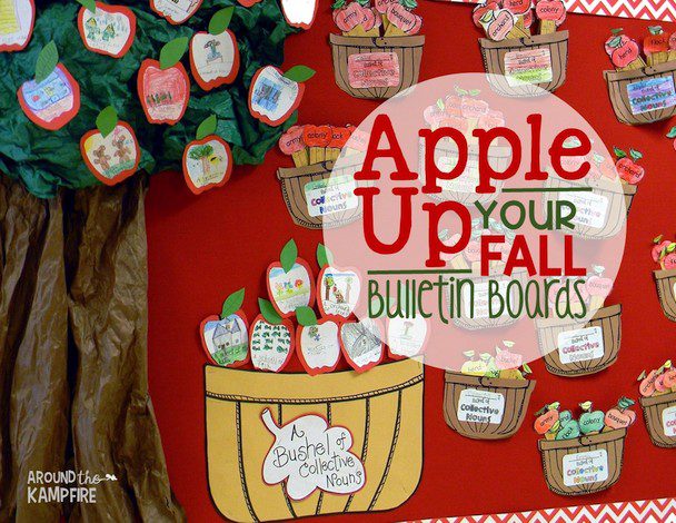 A September themed bulletin board shows a tree on the left hand side. A basket reads "A Bushel of Collective Nouns." There are apples in the large basket as well as smaller ones and apples in the tree. The apples have students' drawings and writings on them.