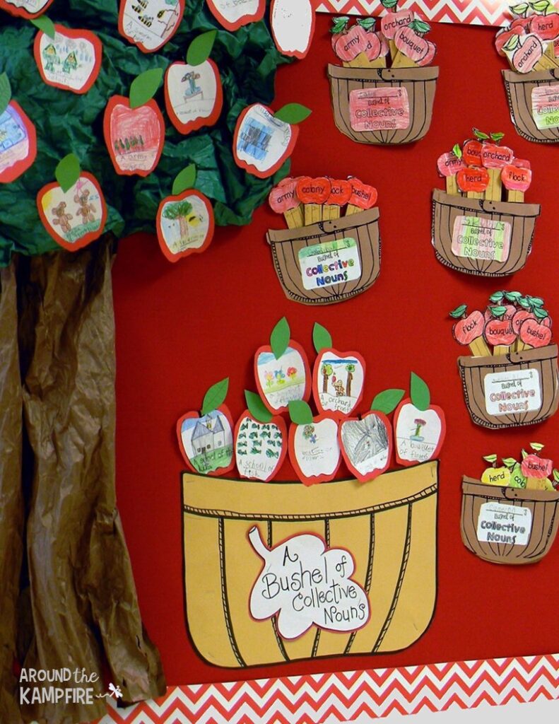 Fall bulletin boards include apple themes like this one. A tree has apples in it and a basket and several bushels of apples are seen. Text reads 