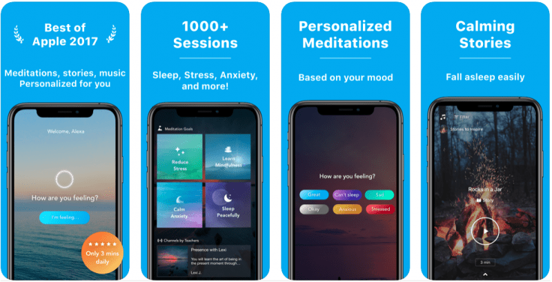 Four blue boxes show different apps on phones. The first box says Best of Apple 2017, the second box says 1000+ Sessions, the third box says Personalized Meditations, the fourth box says Calming Stories