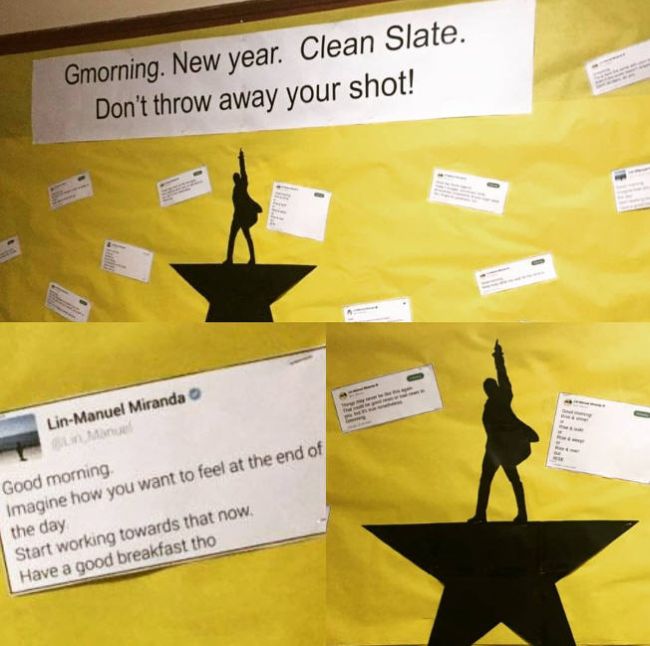 Hamilton themed bulletin board featuring Lin Manuel Miranda tweets