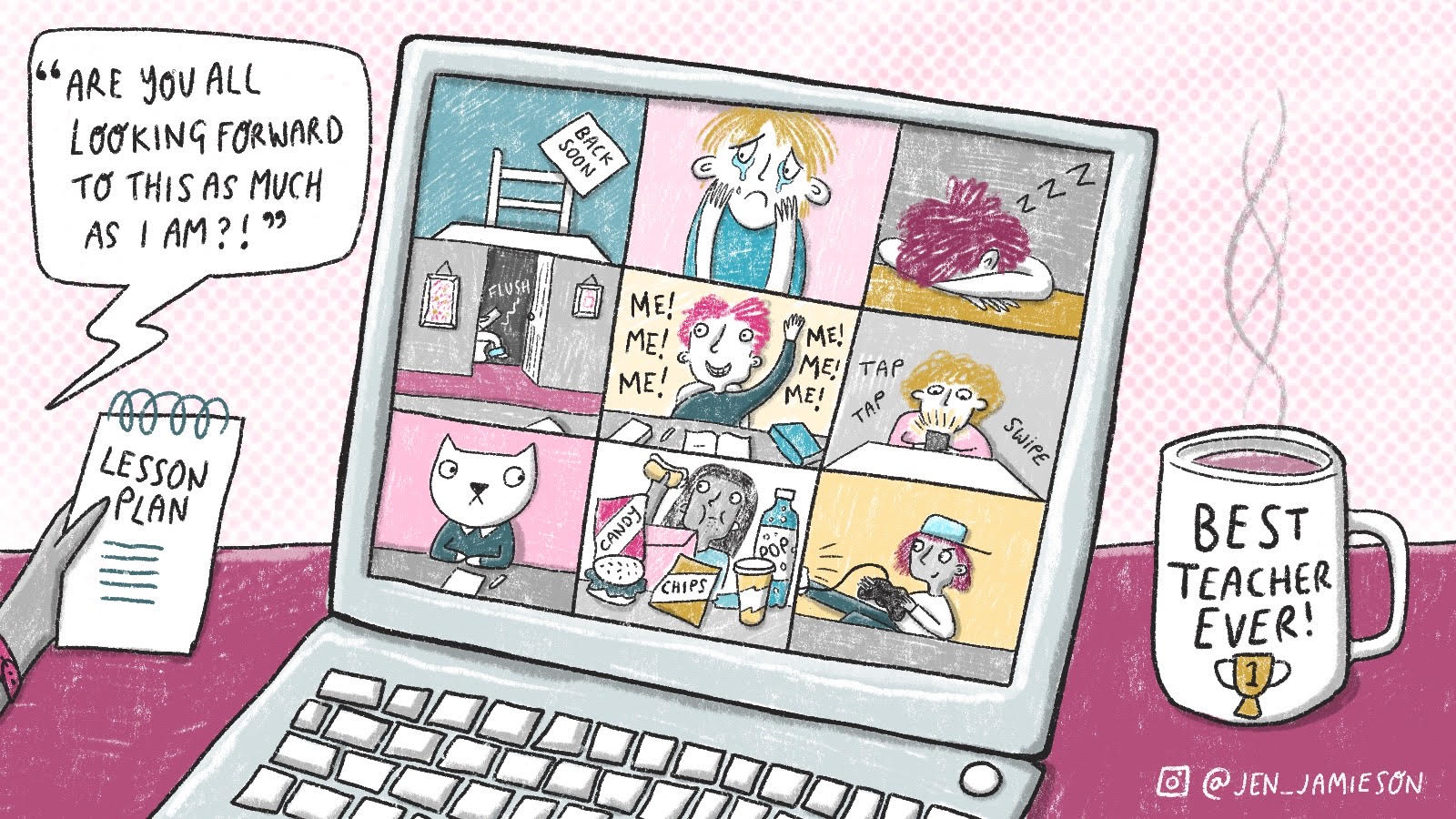 Color illustration of students on Zoom on a laptop with speech bubble Are you all looking forward to this as much as I am?!