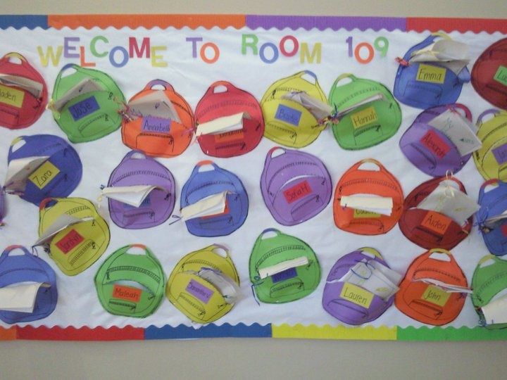 A September bulletin board has the words "welcome to room 109" across the top. About 20 brightly colored backpacks are shown on the board and they have flaps in them with actual papers sticking out.