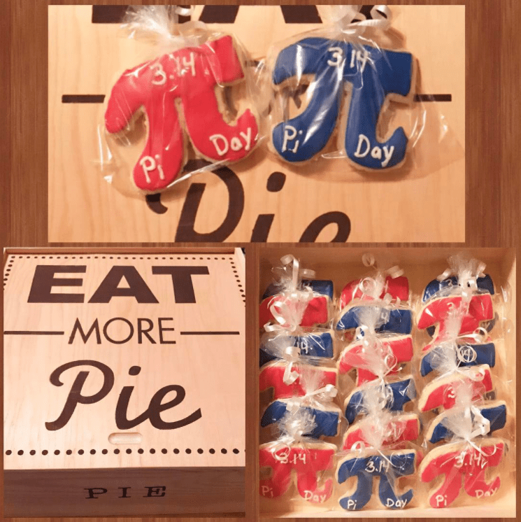 Kolaż zdjęć czerwonych i niebieskich ciasteczek w kształcie symbolu pi