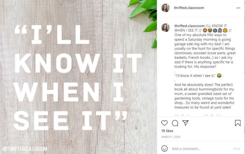 Instagram post saying "I'll Know It When I See It" (Teacher Bargain Shopping Guide)