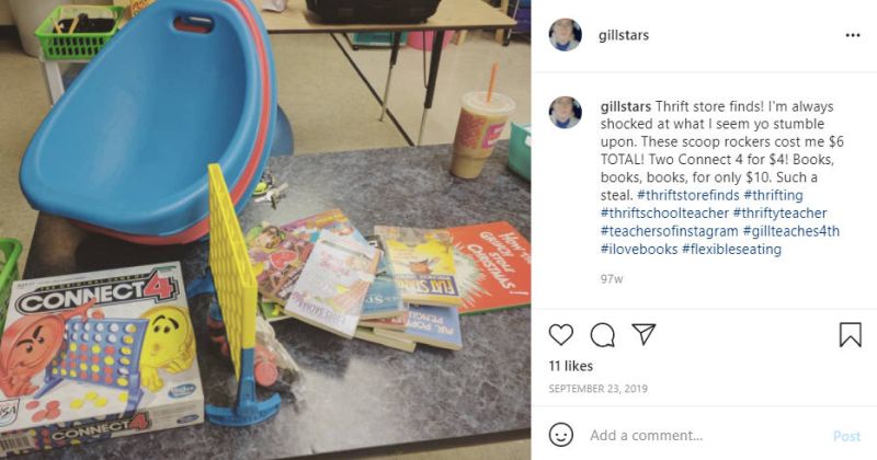 Instagram post featuring a teacher's thrift store finds (Teacher Bargain Shopping)