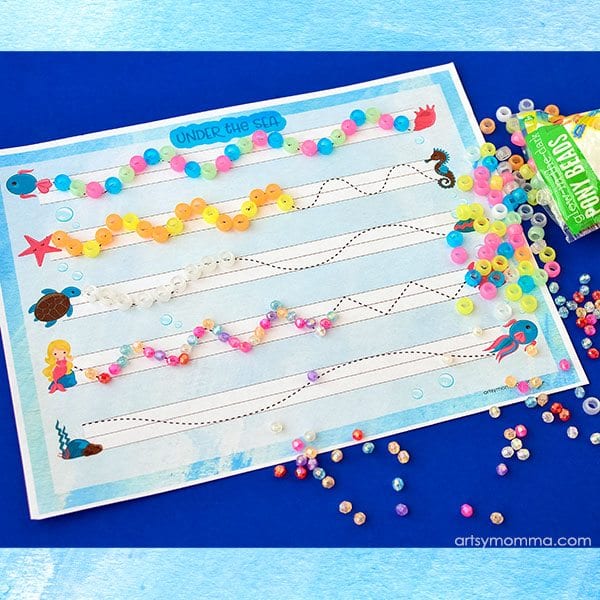 Activity card for preschoolers to use beads to trace different shaped lines