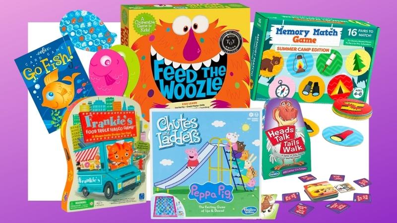 Collage of board games for preschoolers: Feed the Woozle, Chutes and Ladders, Go Fish, Frankie's Food Truck, matching game