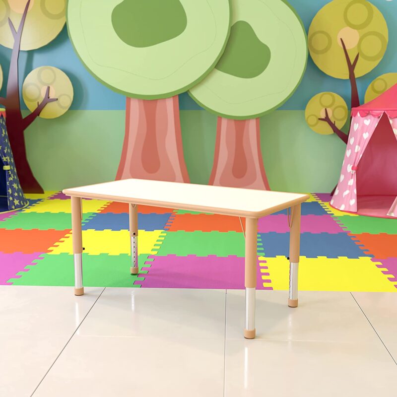 EMMA + OLIVER Natural Plastic Table for 6 with colorful carpet and background