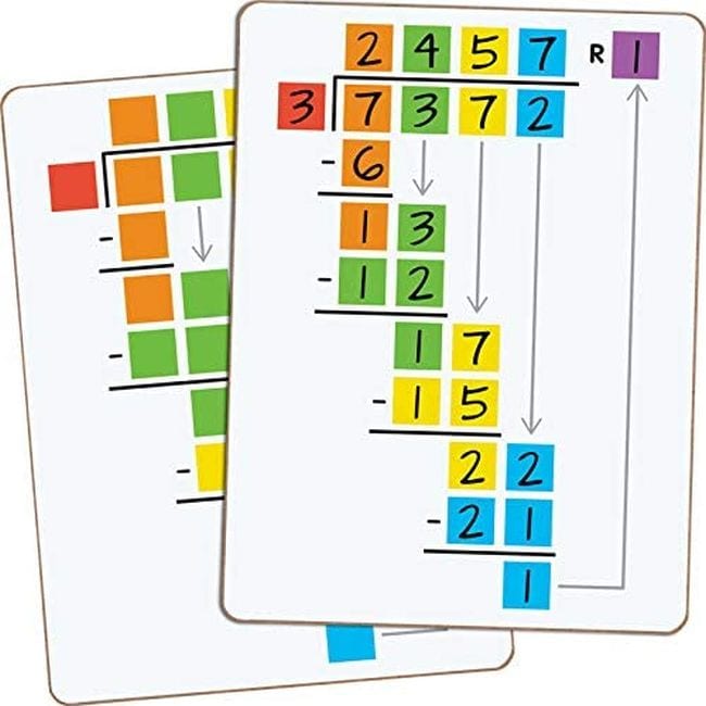 Dry erase boards with long division symbols and colored squares