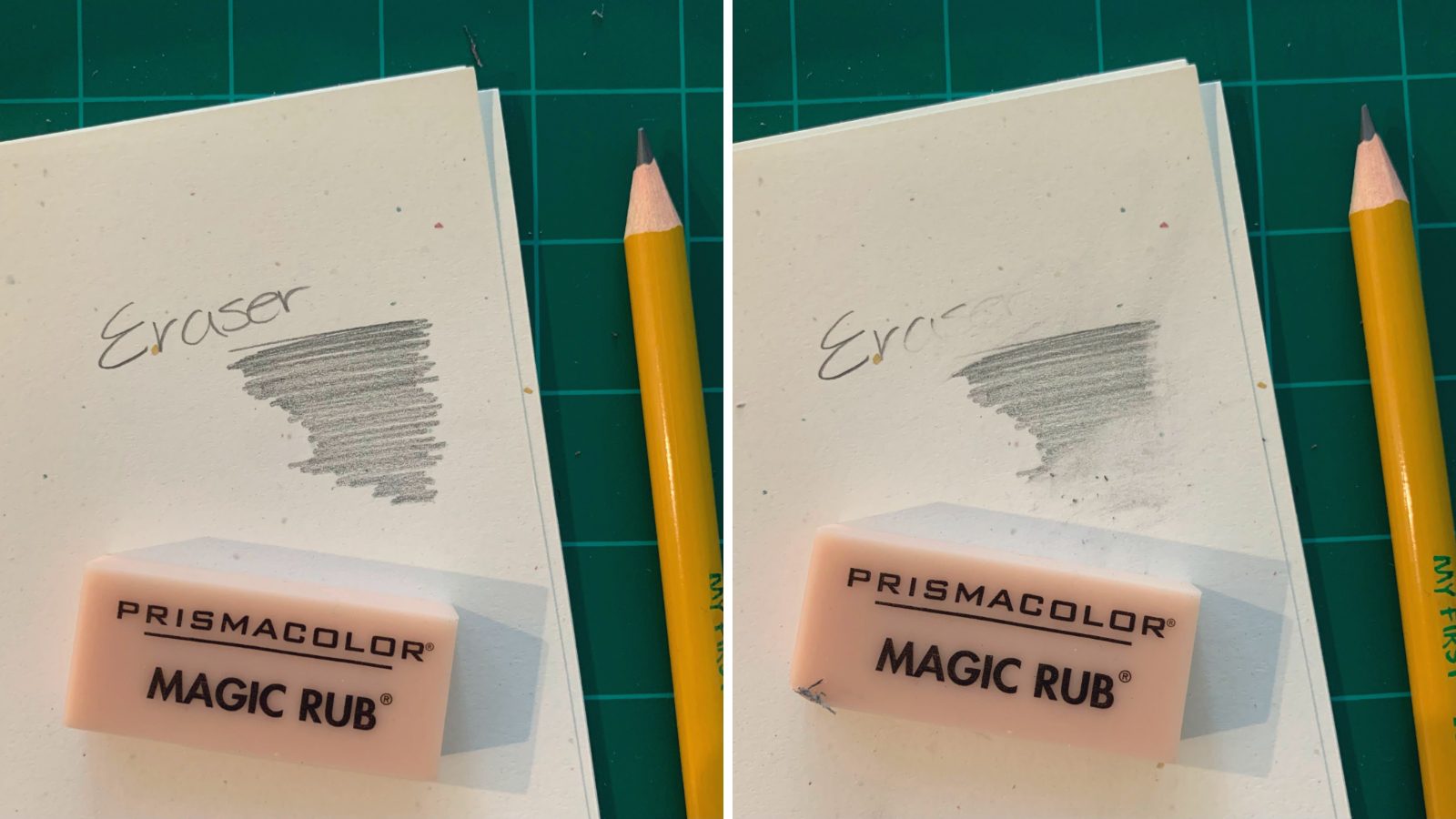 Side-by-side photos showing how well a Prismacolor Magic Rub eraser works