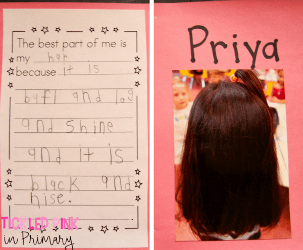 young student's writing sample plus a photo of the child from the back