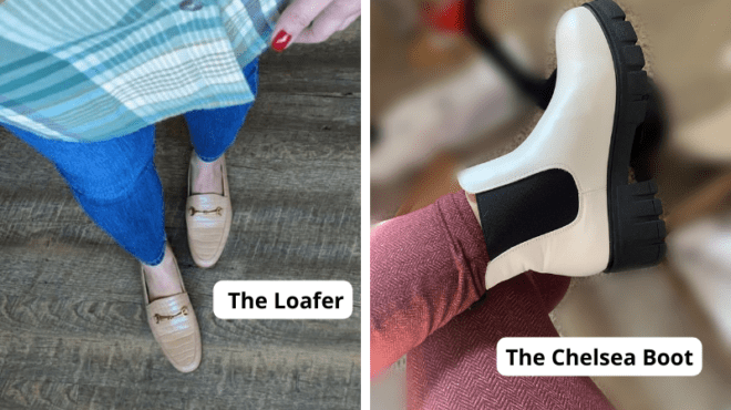 Best shoes for student teaching with examples: "The Loafer" with woman wearing jeans and loafter and "The Chelsea Boot" with woman wearing leggings and boots