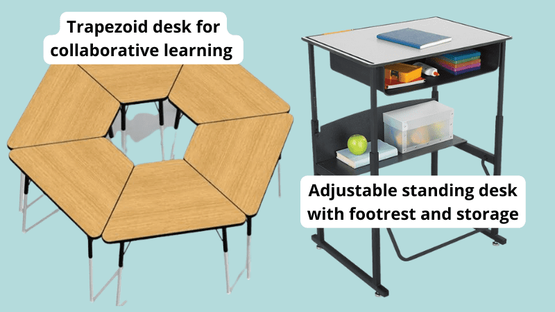 Examples of the best student desks including a group of trapezoid desks and a standing desk