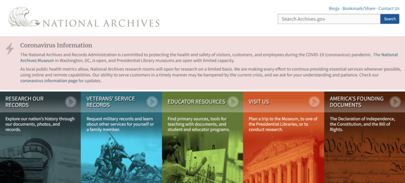 National Archives website for teaching history