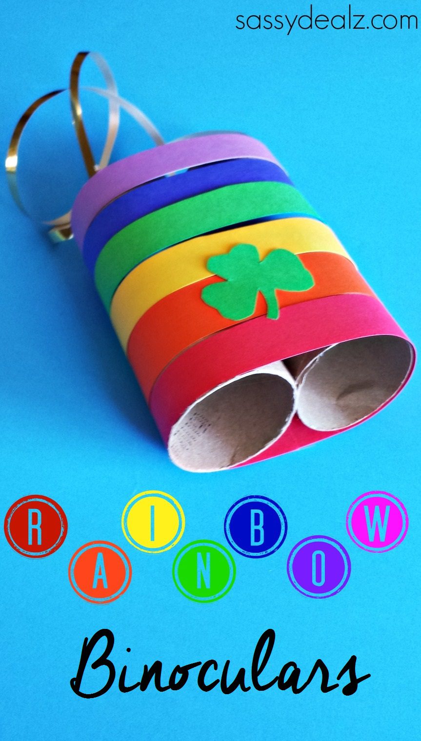 Binoculars are made from two toilet paper rolls covered in rainbow colored paper.