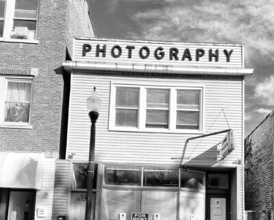 Black and white photo of photography store