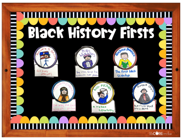 A black background has white lettering that says Black History Firsts. It has child drawn pictures of Black pioneers and hand written descriptions under them.