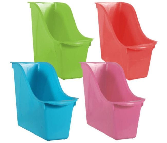 Basic plastic magazine bins in green, pink, red, and blue